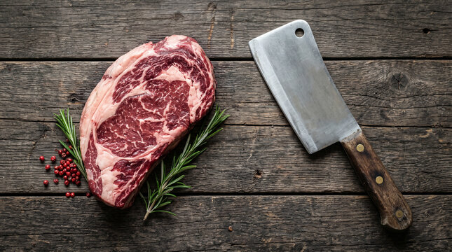 Raw ribeye beef steak with vintage butcher meat cleaver rosemary and peppercorns on rustic dark wood board