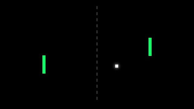Retro arcade table tennis game animation with green paddles and moving 4k white ball on black background