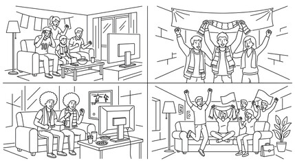 Fototapeta premium Diverse groups of sports fans watching soccer game on television at home in outline style.