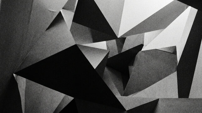 Abstract monochrome low poly geometric background with folded origami planes and paper texture