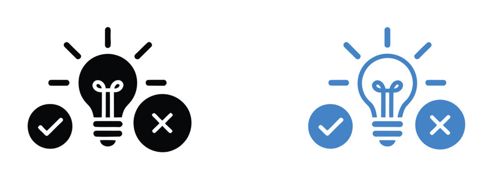 Hypothesis multiple style icon design vector, light bulb with check and cross symbols representing decision making, hypothesis testing, research, and analytical thinking