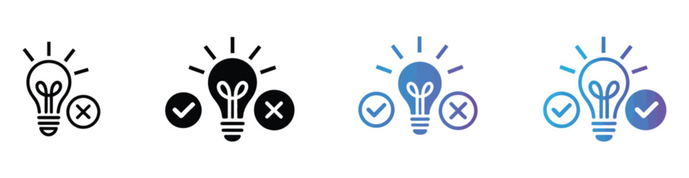 Hypothesis multiple style icon design vector, light bulb with check and cross symbols representing decision making, hypothesis testing, research, and analytical thinking