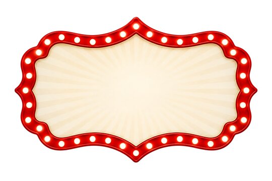 Vintage marquee sign with glowing light bulbs, retro cinema billboard frame, red theater marquee border isolated on white background