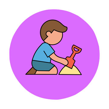 Little boy digging sand with shovel in sandbox flat circle icon vector illustration
