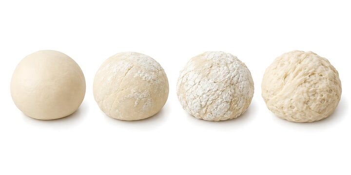 Fresh bread dough balls in fermentation stages, raw yeast dough sequence on white background, baking process steps for pizza or sourdough
