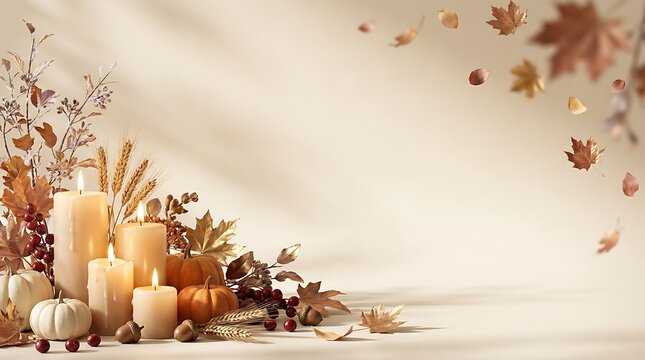 A beautiful thanksgiving border frame featuring warm tones candles and autumnal elements for festive celebrations and gatherings