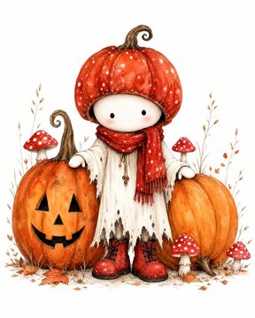 Little pumpkin doll wearing red boots and a scarf stands between autumn pumpkins.