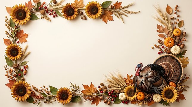 A beautiful thanksgiving border frame featuring autumn flowers pumpkins and a festive turkey for holiday celebrations