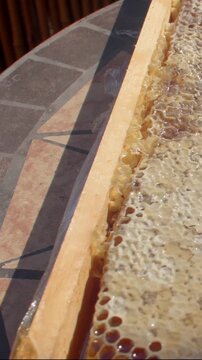 close-up of honeycomb cells with amber honey pooling and flowing from wooden corner, glossy drips catching warm sunlight and golden highlights in motion softly