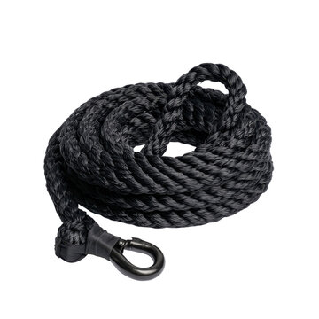 A durable synthetic marine cordage featuring a secure spliced loop and a dark metallic snap shackle for reliable boat docking and utility tasks