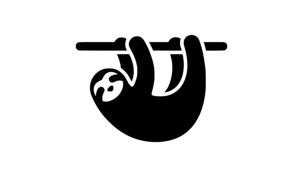 Hanging sloth illustration in black and white vector style on a white background