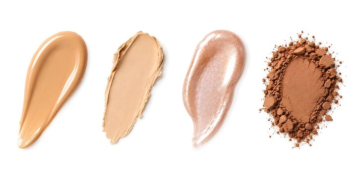 Cosmetic foundation swatches and makeup textures, liquid concealer and highlighter smears with crushed bronzer powder on white background