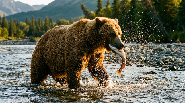 Brown Bear Standing in River Catching Salmon, Rushing Water Mountains Wildlife Action Photography