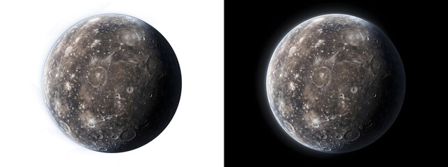 Moon with brown gray surface scattered bright craters and cratered terrain illustration for astronomy education design featuring PNG, Transparent and Black Background Versions © Tanay