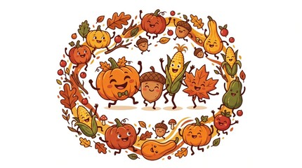 Obraz premium Cute kawaii autumn harvest wreath illustration featuring smiling pumpkins corn acorns and fall leaves kawaii pumpkin cute acorn corn cob cartoon autumn seasonal garland harvest festival
