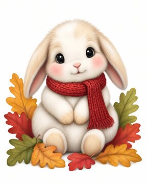 Rabbit wearing a soft red knitted scarf sitting comfortably among colorful autumn leaves against a white backdrop.