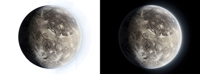 Moon with grooved terrain dense crater network and pale banded surface illustration for astronomy education design featuring PNG, Transparent and Black Background Versions © Tanay
