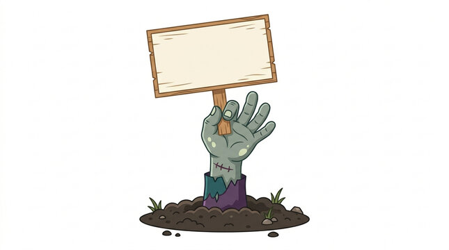 Cartoon zombie hand emerging from the ground holding a blank wooden sign