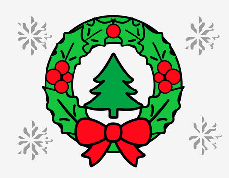 Wreath vector graphic with a central evergreen tree, red ribbon bow, and green holly leaves surrounded by subtle snowflake icons.