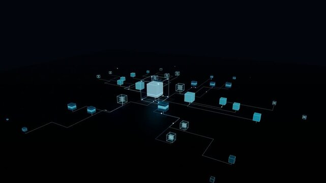 Blockchain data network, floating blue glowing 3D cubes connected by digital grid lines, futuristic cloud computing architecture, dark minimalist background, high tech advertising motion graphic