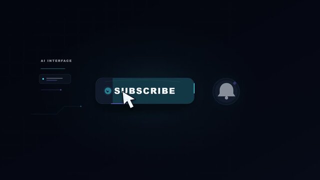 YouTube Subscribe Button, Dark AI Futuristic Interface, Notification Bell and Mouse Cursor, Glowing HUD Elements, Minimalist Black Background, Perfect for Social Media Marketing and Video Content.
