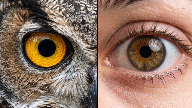 Owl eye and human eye feature vibrant golden iris tones and detailed textures in a side-by-side macro comparison.