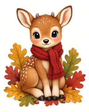 Fawn wearing a warm red knitted scarf sitting gracefully among fallen autumn leaves on a white background.