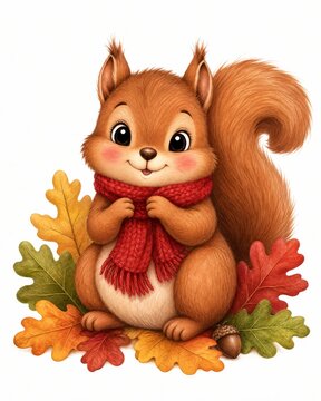 Squirrel wearing a cozy red knitted scarf surrounded by vibrant autumn foliage on a clean white background.