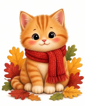 Tabby kitten wearing a bright red winter scarf sitting among vibrant autumn leaves on white background.