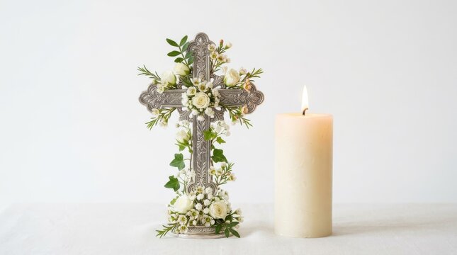 Decorative christian cross with flowers and burning candle