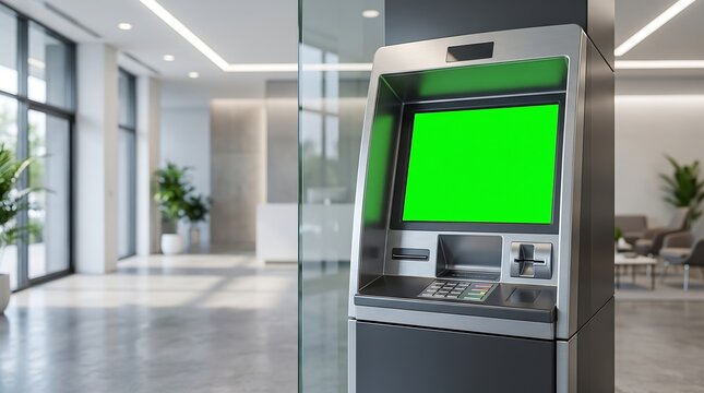 Modern bank lobby interior featuring an automated teller machine with a blank green screen display area