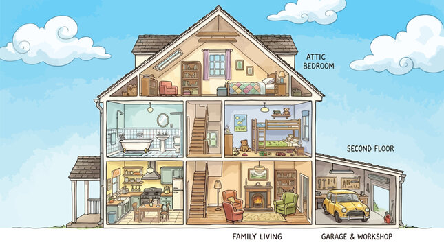 Cross section illustration of a cozy family house interior with different rooms and furniture