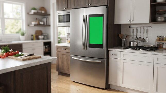 Modern stainless steel smart refrigerator with a blank green screen display in a contemporary home kitchen