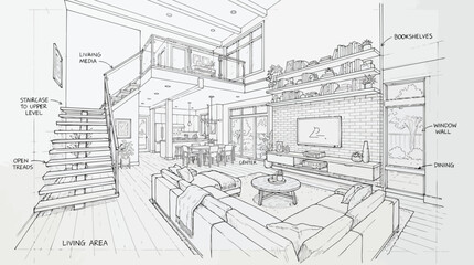 Naklejka premium Architectural sketch of a modern living room