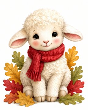 Lamb wearing a bright red winter scarf sitting peacefully amidst colorful autumn leaves.