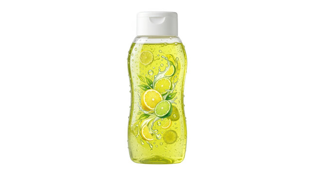 Clear plastic bottle of yellow citrus shower gel isolated on transparent background