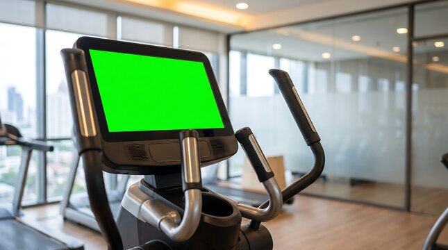 Modern gym interior with elliptical machine featuring a green screen display