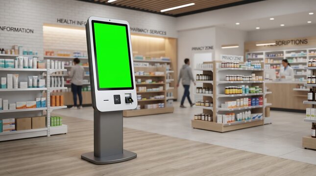 Digital kiosk with green screen in a modern retail store interior setting