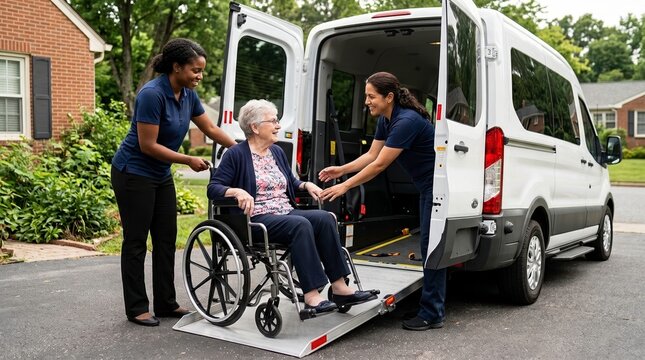 Caregivers assist elderly woman in wheelchair onto ramp of accessible transport van