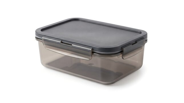 Dark gray plastic food storage container with a secure locking lid isolated on white