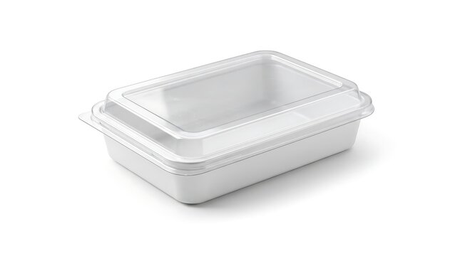 Empty white plastic food container with lid isolated on a plain white background