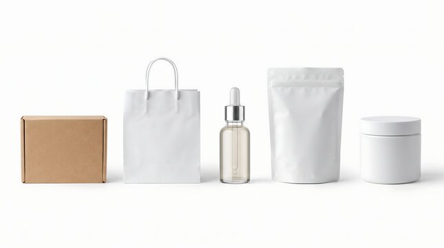 Minimalist beauty product arrangement with clean packaging on a white surface