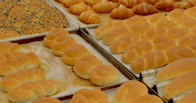 closeup of golden knot buns, braided seeded loaves, and flaky croissants lined up on metal baking trays in commercial kitchen setting for catering service well