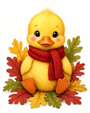 Yellow duckling wearing a red knitted scarf sitting among autumn leaves against a white background.