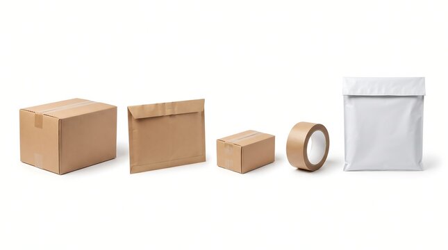 Assorted cardboard boxes and packing tape arranged on a clean white background