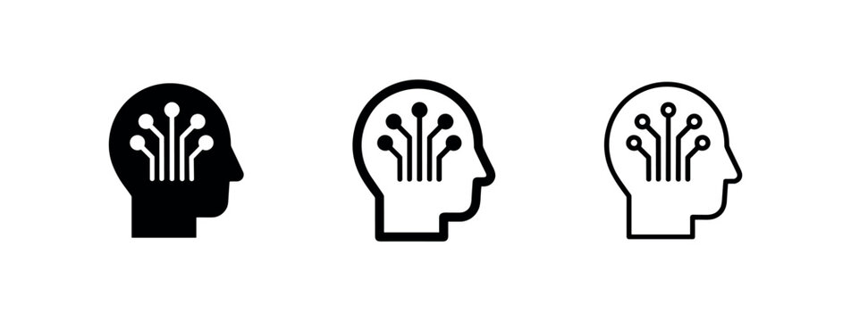 Artificial intelligence brain icon set. Digital mind, machine learning, and technology vector illustration.