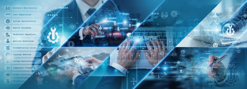 Specialized customer assistance. Remote IT technicians troubleshooting infrastructure issues and maintaining continuous server operations across the global business network. Essential help desks.