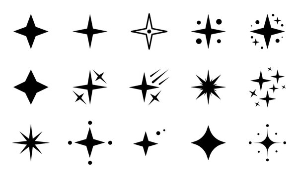 Set of black star and sparkle icons for graphic design elements
