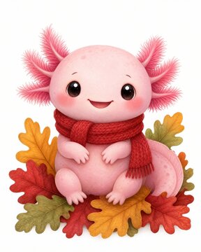 Axolotl wearing a red knitted scarf sitting among colorful autumn leaves against a white background.