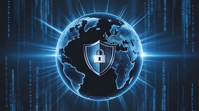 Global network security concept with a central shield and padlock overlaid on a glowing blue planet earth sphere with digital data streams